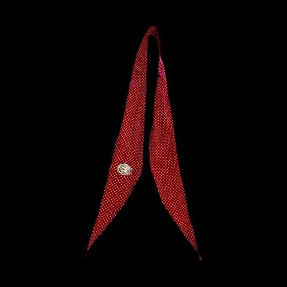 BOLO TIE & 1 1/4”, ROUND, SILVER/GOLD SCARF SLIDER. 48” SCARF IS DEEP RED COLOR - Picture 5 of 10